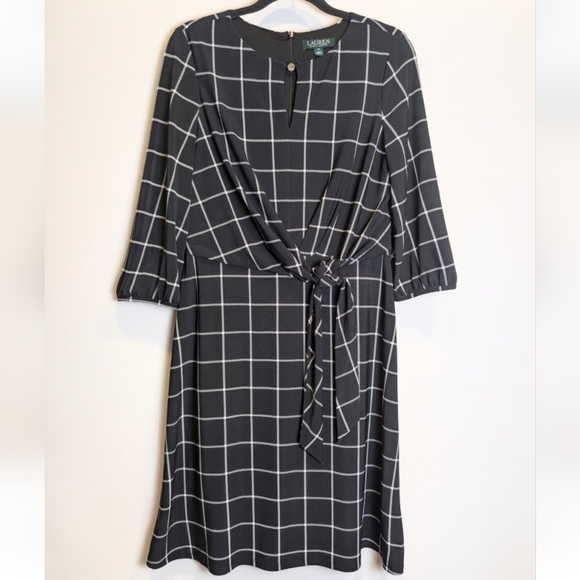 Lauren Ralph Lauren Black White Windowpane Plaid 3/4 Sleeve Dress Size 10 - Picture 1 of 6